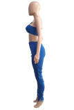 Blue Fashion Casual Solid Backless Slit Fold One Shoulder Sleeveless Two Pieces