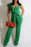 Red Fashion Casual Solid Patchwork With Belt V Neck Regular Jumpsuits