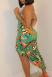 Green Fashion Sexy Print Bandage Backless Spaghetti Strap Irregular Dress