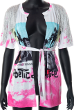 Pink Fashion Print Tassel Bandage V Neck T-Shirts