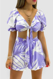 Red Sexy Vacation Print Bandage Patchwork V Neck Short Sleeve Two Pieces