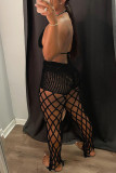 Black Sexy Solid Hollowed Out Patchwork See-through Halter Sleeveless Two Pieces