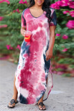 Yellow Fashion Casual Print Tie Dye Slit O Neck Short Sleeve Dress