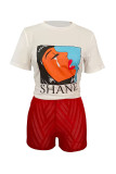 Red Casual Print Patchwork O Neck Short Sleeve Two Pieces