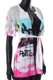 Pink Fashion Print Tassel Bandage V Neck T-Shirts