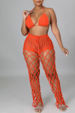 Black Sexy Solid Hollowed Out Patchwork See-through Halter Sleeveless Two Pieces