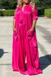 Watermelon Red Casual Solid Patchwork Turndown Collar Loose Jumpsuits