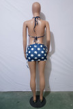 Blue White Fashion Sexy Print Bandage Backless Halter Sleeveless Two Pieces