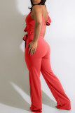 Red Fashion Casual Solid Patchwork With Belt V Neck Regular Jumpsuits