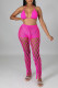 Rose Red Sexy Solid Hollowed Out Patchwork See-through Halter Sleeveless Two Pieces