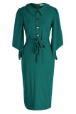 Deep Blue Casual Daily Solid Patchwork Buckle Turndown Collar One Step Skirt Dresses