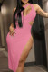 Pink Fashion Sexy Solid Hollowed Out Slit O Neck Dresses