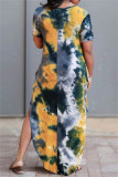 Yellow Fashion Casual Print Tie Dye Slit O Neck Short Sleeve Dress