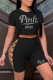 Black Fashion Casual Letter Hot Drilling Bandage Hollowed Out O Neck Short Sleeve Two Pieces