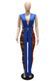 Blue Fashion Sexy Print Patchwork V Neck Sleeveless Two Pieces