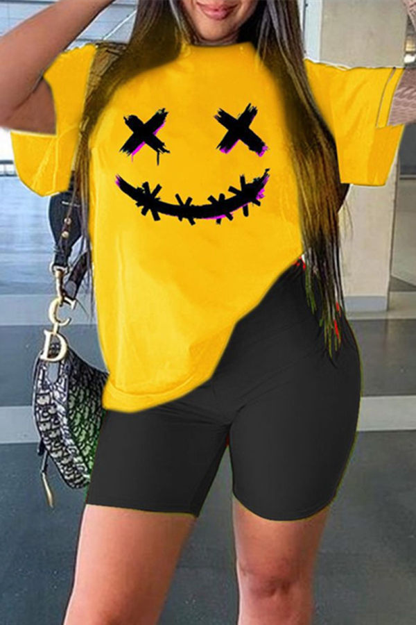 Yellow Fashion Casual Print Basic O Neck Short Sleeve Two Pieces