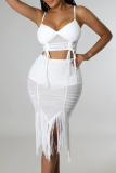 White Sexy Solid Tassel Spaghetti Strap Sleeveless Two Pieces