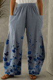 Blue Fashion Casual Print Patchwork Pocket Regular High Waist Trousers