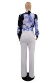 Blue Fashion Casual Print Basic Turtleneck Long Sleeve Two Pieces