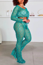 Green Sexy Solid Hollowed Out Patchwork See-through O Neck Long Sleeve Two Pieces