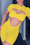 Yellow Fashion Sexy Casual Solid Hollowed Out O Neck Short Sleeve Two Pieces