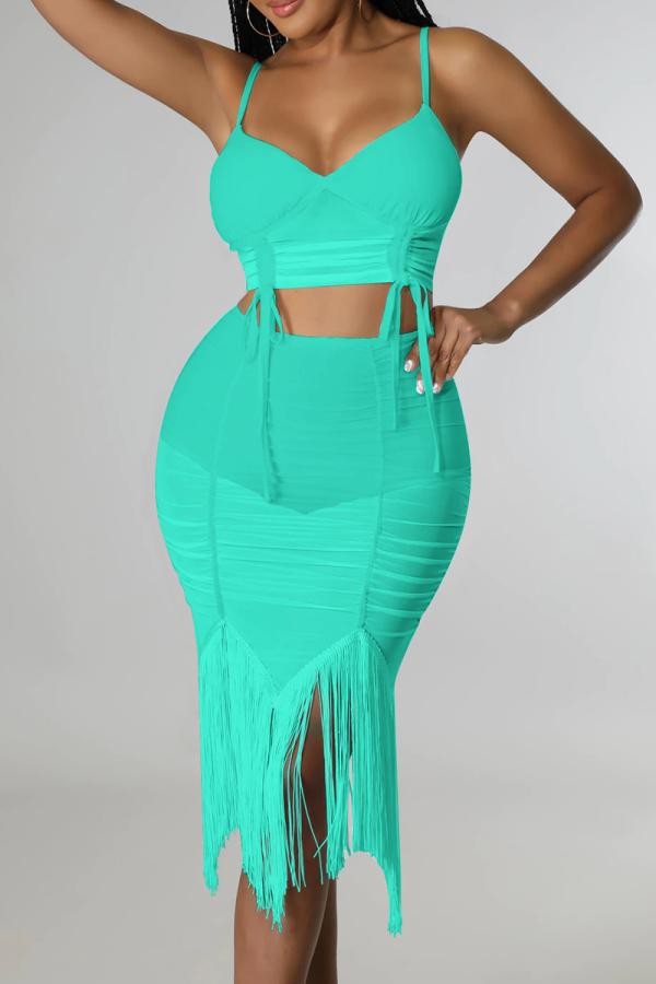 Green Sexy Solid Tassel Spaghetti Strap Sleeveless Two Pieces