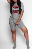 Grey Fashion Casual Lips Printed Basic O Neck Short Sleeve Two Pieces