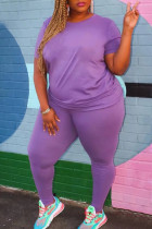Purple Fashion Casual Solid Basic O Neck Plus Size Two Pieces