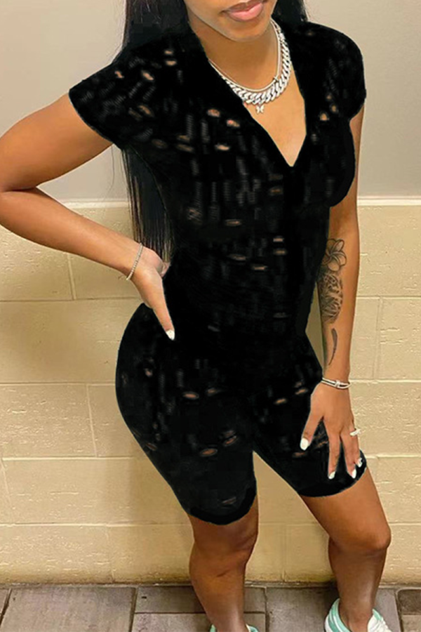 Black Sexy Solid Patchwork Turndown Collar Skinny Rompers