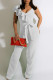 White Fashion Casual Solid Patchwork With Belt V Neck Regular Jumpsuits