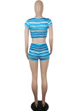 Blue Fashion Casual Striped Print Basic O Neck Short Sleeve Two Pieces