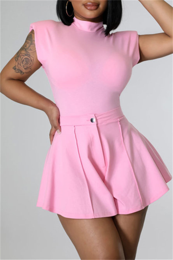 Pink Fashion Casual Solid Patchwork Half A Turtleneck Sleeveless Two Pieces