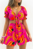 Red Sexy Vacation Print Bandage Patchwork V Neck Short Sleeve Two Pieces