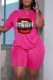 Rose Red Fashion Casual Lips Printed Basic O Neck Short Sleeve Two Pieces