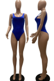 Blue Vacation Solid Patchwork U Neck Skinny Bodysuits