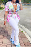 Pink Fashion Print Tassel Bandage V Neck T-Shirts