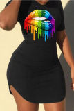 Black Fashion Casual Lips Printed Basic O Neck Short Sleeve Dress