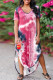 Rose Red Fashion Casual Print Tie Dye Slit O Neck Short Sleeve Dress