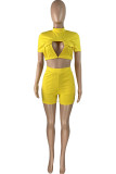 Yellow Fashion Sexy Solid Hollowed Out Backless Half A Turtleneck Short Sleeve Two Pieces