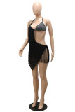 Apricot Sexy Patchwork Hot Drilling Tassel Bandage Hollowed Out Backless Spaghetti Strap Irregular Dress