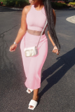 Pink Sexy Solid Patchwork O Neck Sleeveless Two Pieces