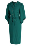 Deep Blue Casual Daily Solid Patchwork Buckle Turndown Collar One Step Skirt Dresses