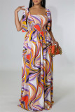 Red Sexy Casual Print Bandage Split Joint Backless Spaghetti Strap Long Dress