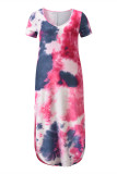 Yellow Fashion Casual Print Tie Dye Slit O Neck Short Sleeve Dress