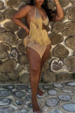 Apricot Sexy Patchwork Hot Drilling Tassel Bandage Hollowed Out Backless Spaghetti Strap Irregular Dress