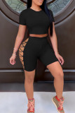 Red Fashion Casual Solid Bandage Hollowed Out O Neck Short Sleeve Two Pieces