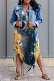 Yellow Fashion Casual Print Tie Dye Slit O Neck Short Sleeve Dress