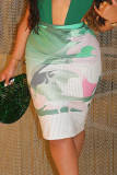 Green Casual Print Patchwork Regular High Waist Pencil Positioning Print Bottoms
