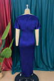 Blue Fashion Casual Solid Patchwork Slit O Neck Short Sleeve Dress