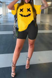 Yellow Fashion Casual Print Basic O Neck Short Sleeve Two Pieces